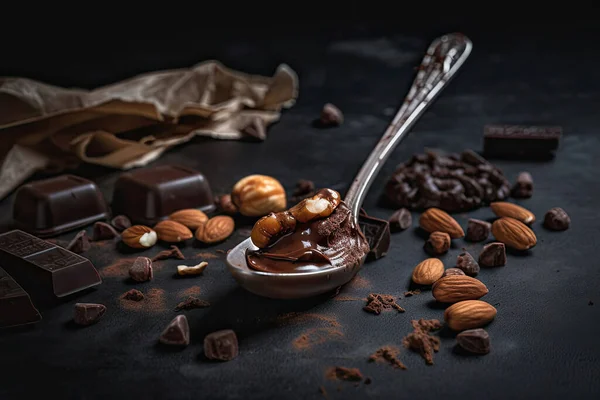 Schokolade Mit Nüssen Und Kaffeebohnen Auf Dunklem Hintergrund — Stockfoto