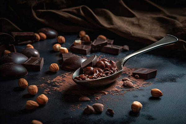 chocolate with nuts and cocoa beans on dark background