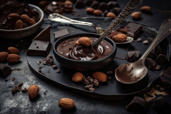 chocolate, cocoa and nuts on a dark background.
