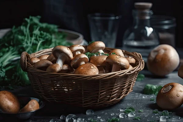 stock image mushrooms in a basket on a wooden background