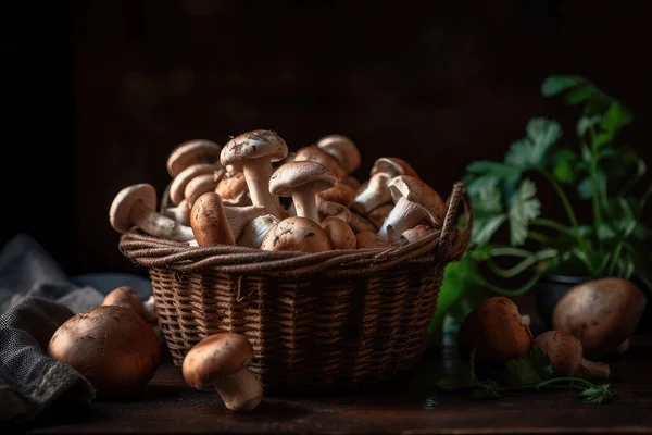 stock image fresh mushrooms in basket on wooden background