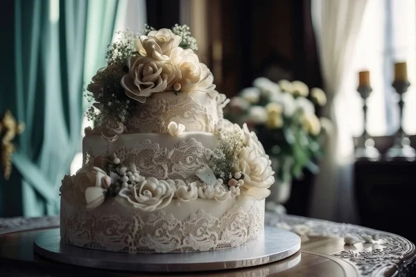 stock image wedding cake with white flowers and candles