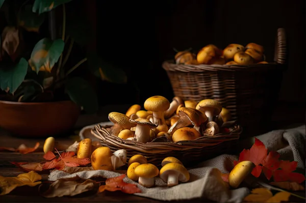 Herbststilleben Mit Pilzen Und Kastanien — Stockfoto