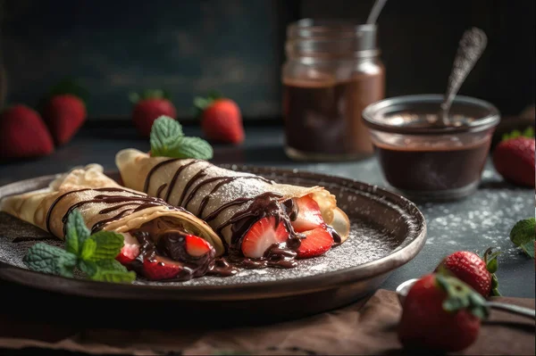 Блины Клубникой Шоколадом Тарелке — стоковое фото