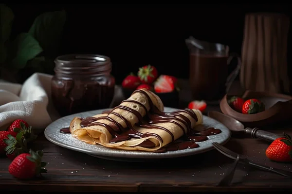 Pannenkoeken Met Chocolade Aardbeien Een Houten Achtergrond — Stockfoto