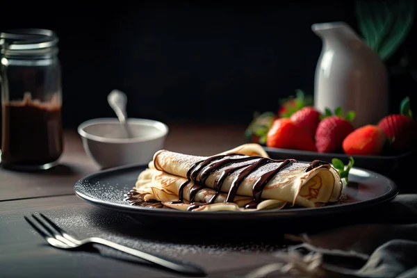 Panquecas Com Chocolate Morangos Fundo Escuro — Fotografia de Stock