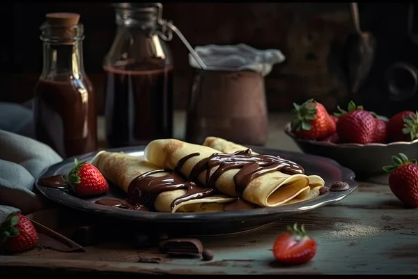 Вкусные Шоколадные Блинчики Клубникой Черникой Деревянном Столе — стоковое фото