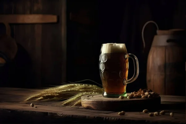 Beer Mug Glass Hops Wooden Table — Stock Photo, Image