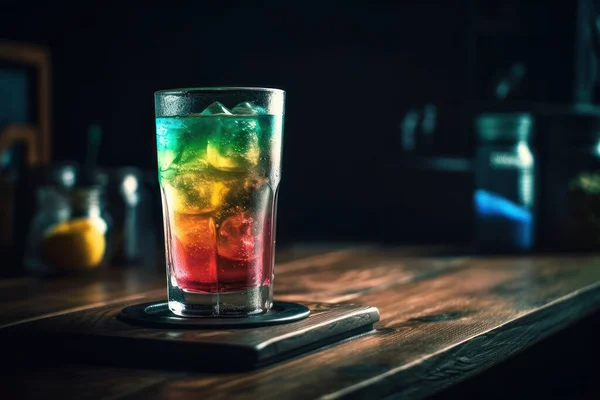 Ett Glas Cocktail Med Citron Och Ett Sugrör Ett Träbord — Stockfoto