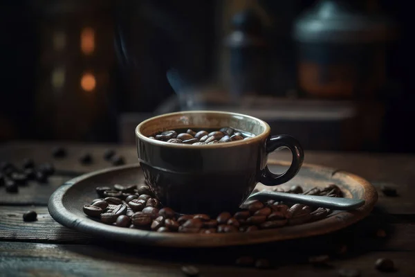 Ahşap Arka Planda Kavrulmuş Fasulyeli Kahve Fincanı — Stok fotoğraf