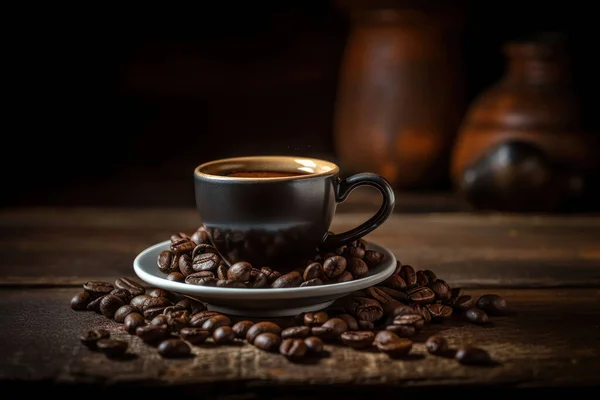 Ahşap Arka Planda Kavrulmuş Fasulyeli Kahve Fincanı — Stok fotoğraf