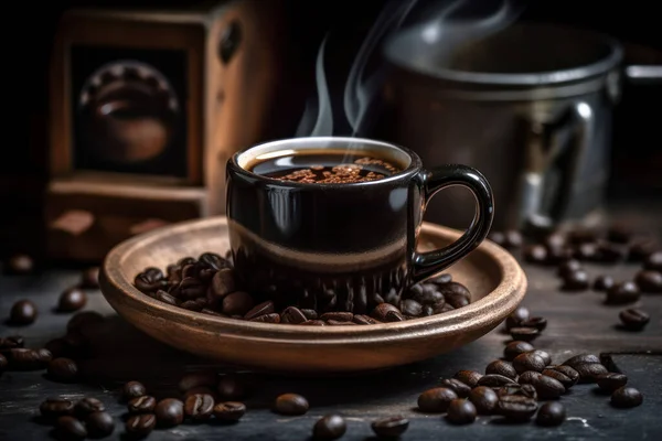 Μαύρος Καφές Φλιτζάνι Ξύλινο Φόντο — Φωτογραφία Αρχείου