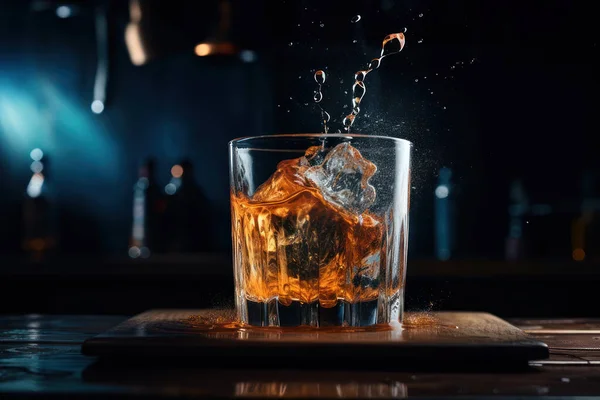 Glas Whisky Met Ijsblokjes Tafel — Stockfoto