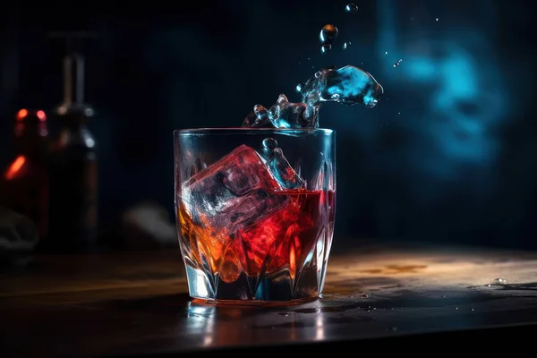 Glas Whisky Met Ijsblokjes Een Donkere Achtergrond — Stockfoto
