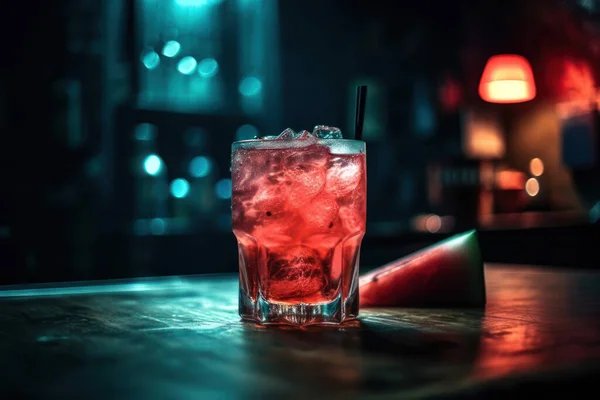 Bir Bardak Kırmızı Kokteyl Arka Planda Bir Buz Dilimi — Stok fotoğraf