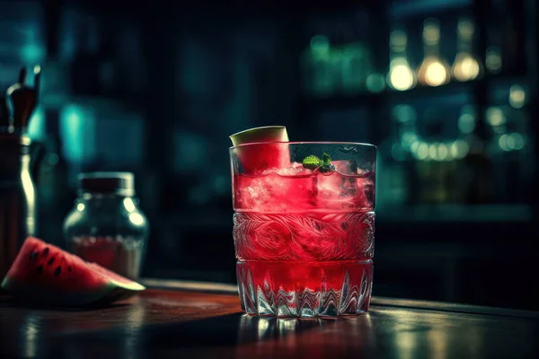 Červený Koktejl Ledem Citronem Barovém Pultu — Stock fotografie