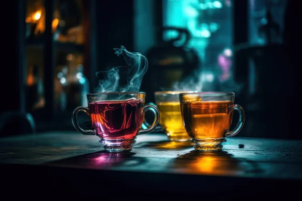 Chinese tea ceremony. Clay teapot with smoked red tea Lapsang souchong on a  black background, glass cups of hot tea with vapour. Stock Photo