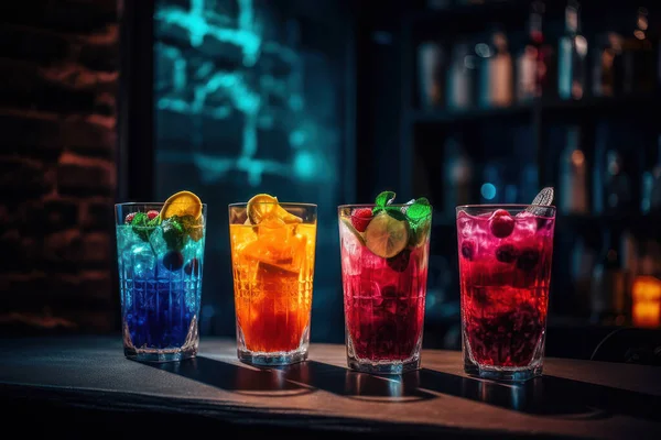 Cócteles Con Diferentes Bebidas Hielo Mostrador Del Bar —  Fotos de Stock