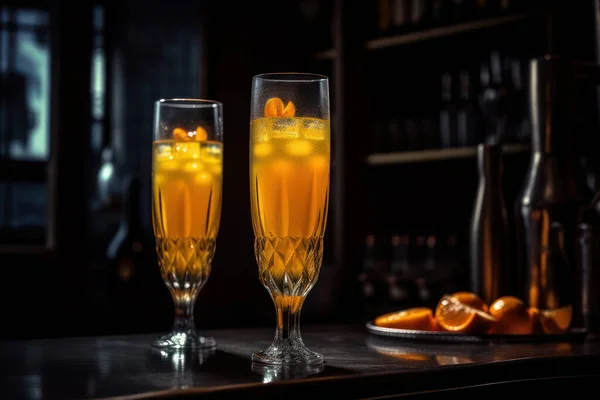 stock image glasses of tasty alcoholic drink on table, closeup