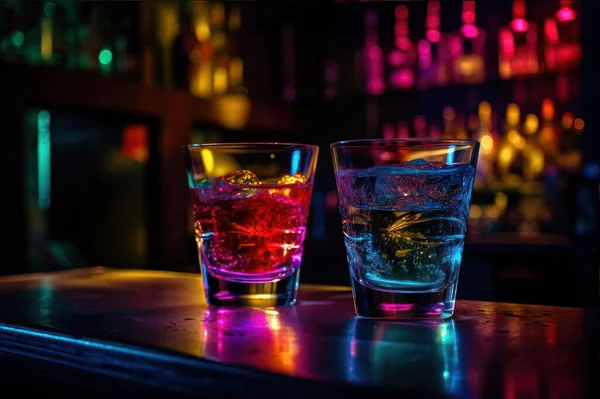 stock image glass of whiskey with ice and red wine on a dark background