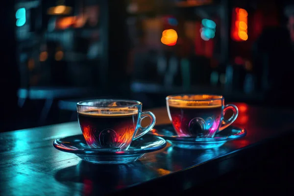 Dwie Filiżanki Gorącej Kawy Stole Filiżanką Cappuccino Czerwonym Światłem Wieczorem — Zdjęcie stockowe