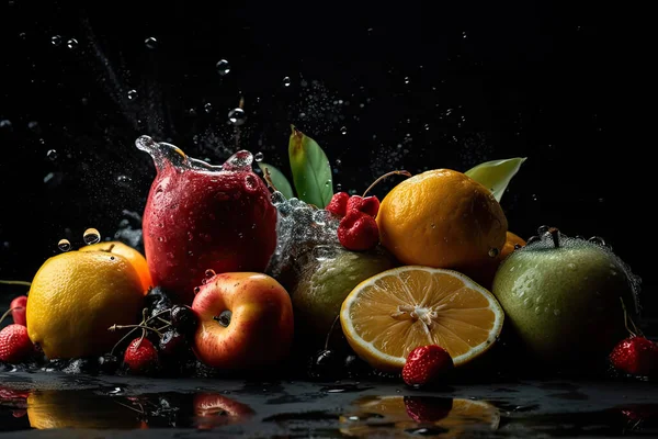 Frutas Frescas Bagas Água Sobre Fundo Preto Fotos De Bancos De Imagens