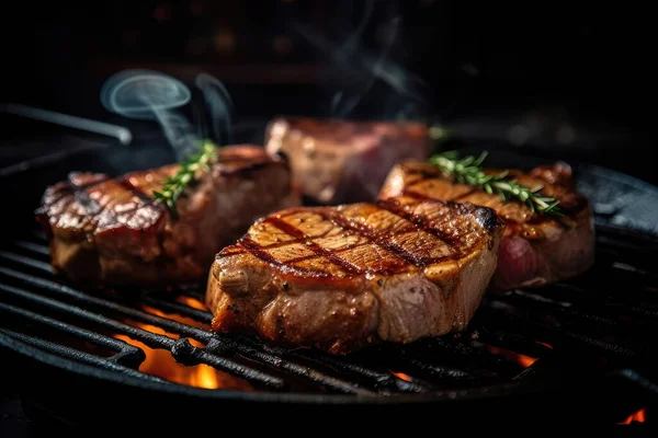 Grilovaný Hovězí Steak Kořením Zeleninou Černém Pozadí Royalty Free Stock Obrázky
