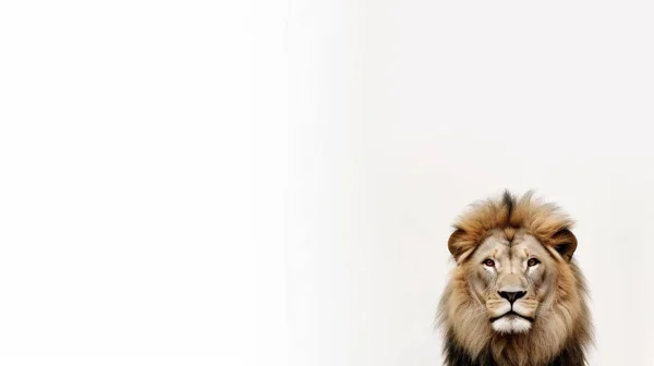 Lion Regardant Caméra Sur Fond Blanc — Photo