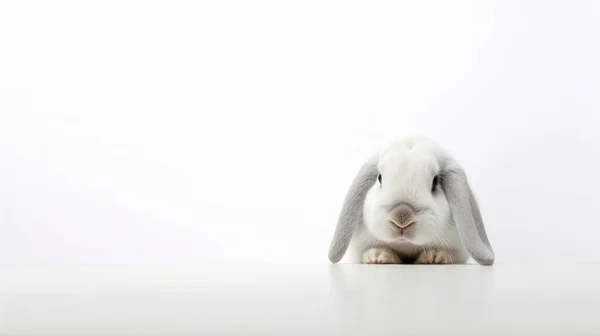 White Rabbit Sitting Wooden Table — Stock Photo, Image