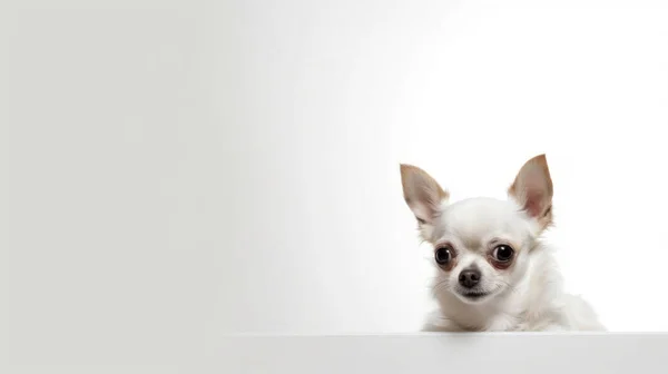 Cão Pequeno Bonito Sentado Fundo Branco — Fotografia de Stock