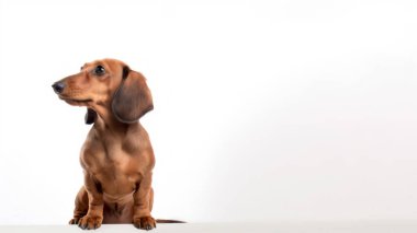 Beyaz arka planda oturan dachshund köpeği