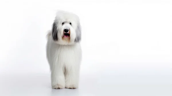 Cão Branco Com Arco Contexto Soalho Madeira — Fotografia de Stock