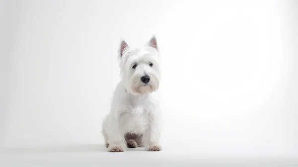 Cão Branco Frente Fundo Cinza — Fotografia de Stock