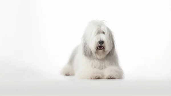毛皮を背景に白い犬が — ストック写真