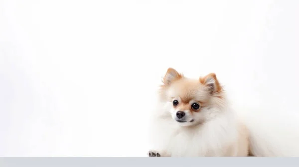 Χαριτωμένο Σκυλί Λευκό Δωμάτιο Ένα Κόκκινο Τόξο Ξύλινο Φόντο — Φωτογραφία Αρχείου