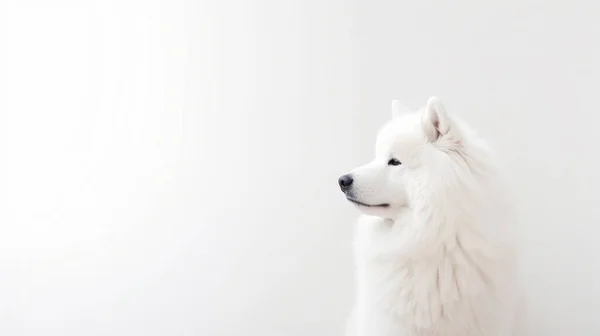 Άσπρο Σκυλί Φόντο Ξύλινου Δαπέδου — Φωτογραφία Αρχείου