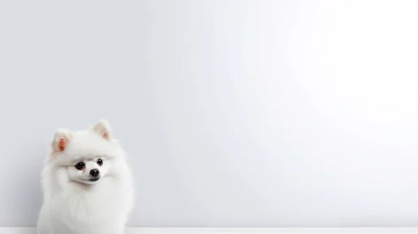 Biały Pies Siedzący Podłodze Patrzący Kamerę — Zdjęcie stockowe