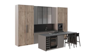 Ada taburesi, lavabosu, fırını ve barı olan bir mutfağın 07 perspektifli yansıması. 3d oluşturma