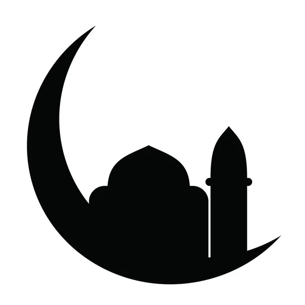 Pequena Mesquita Islâmico Lua Silhueta Preto Branco Crescente Touro Vetor — Vetor de Stock