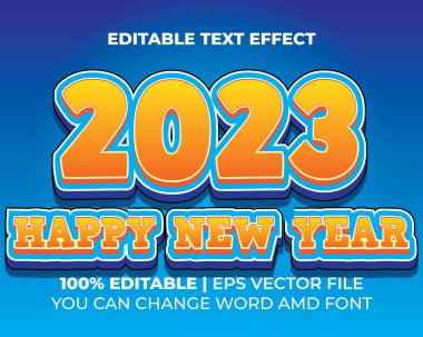 Mutlu yıllar 2023 metin efekti düzenlenebilir vektör dosyaları sarı mavi eğlenceli başlangıç başlığı metni