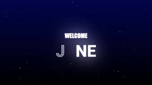 June欢迎June快乐的新年动画字母文字黑色闪光的灯June — 图库视频影像