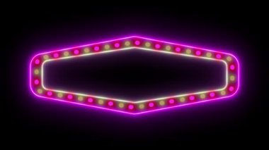 Billboard, neon ışıklar ve eski tip yuvarlak ışıklar yanıp sönen ve dönen neon reklam panosu animasyon renkleri yeşil mor turuncu ve pembe kareler.
