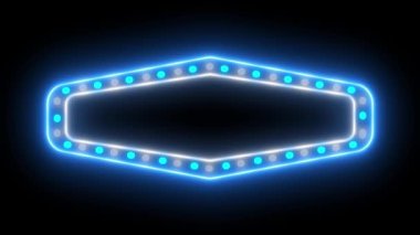 Billboard, neon ışıklar ve eski tip yuvarlak ışıklar yanıp sönen ve dönen neon reklam panosu animasyon renkleri yeşil mor turuncu ve pembe kareler.