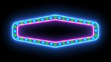 Billboard, neon ışıklar ve eski tip yuvarlak ışıklar yanıp sönen ve dönen neon reklam panosu animasyon renkleri yeşil mor turuncu ve pembe kareler.