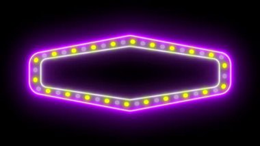 Billboard, neon ışıklar ve eski tip yuvarlak ışıklar yanıp sönen ve dönen neon reklam panosu animasyon renkleri yeşil mor turuncu ve pembe kareler.