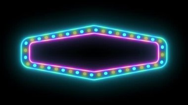 Billboard, neon ışıklar ve eski tip yuvarlak ışıklar yanıp sönen ve dönen neon reklam panosu animasyon renkleri yeşil mor turuncu ve pembe kareler.