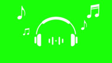 Kulaklık simgesi canlandırılmış müzik notası ses dalgası kulaklık yeşil ekran döngüsü 4K