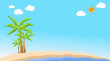 Yaz indirimli arka plan animasyonları diyor ki: Mutlu yaz indirimleri. Sahilde hindistan cevizi ağaçları canlandırılıyor ve güneşli hava döngüsü 4k