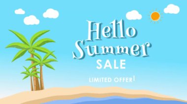 Yaz indirimli arka plan animasyonları diyor ki: Mutlu yaz indirimleri. Sahilde hindistan cevizi ağaçları canlandırılıyor ve güneşli hava döngüsü 4k