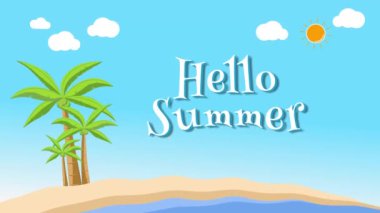 Yaz indirimli arka plan animasyonları diyor ki: Mutlu yaz indirimleri. Sahilde hindistan cevizi ağaçları canlandırılıyor ve güneşli hava döngüsü 4k